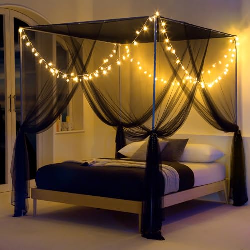 Twinkle Star 4 Corner Mosquito Net Black Canopy with 100 LED Star String Lights Battery Operated, Bed Curtains for Full/Queen/King Size Bed Halloween Decoration - Square-Black with Lights