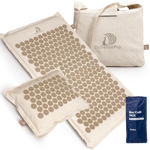 Acupressure Mat & Pillow Set with Hot/Cold Gel Pack for Back and Neck Pain Relief, Sciatica and Pressure Point Aches - Ideal Acupuncture Mat for Sleeping Aid & Workout Recovery - Natural Linen - Natural Linen