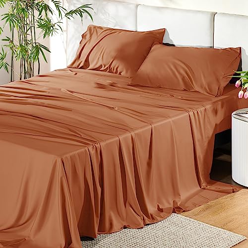 Bedsure Queen Sheets, Rayon Derived from Bamboo, Queen Cooling Sheet Set, Deep Pocket Up to 16", Breathable & Soft Bed Sheets, Hotel Luxury Silky Bedding Sheets & Pillowcases, Burnt Orange - Burnt Orange - Queen