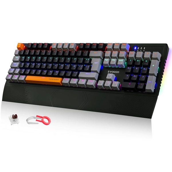 TERPORT TR9N Teclado Mecánico Español de 105 Teclas, Teclado Gaming Alámbrico con Reposamuñecas Desmontable, 9 Modos Retroiluminado de Arco Iris y Luz Lateral RGB, Hot-swap Brown Switch, Negro/Gris