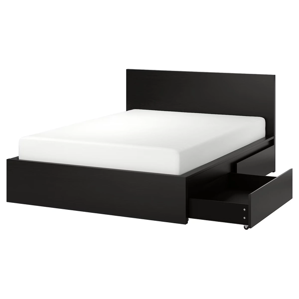 MALM Bed frame, high, w 4 storage boxes - black-brown/Luröy Double