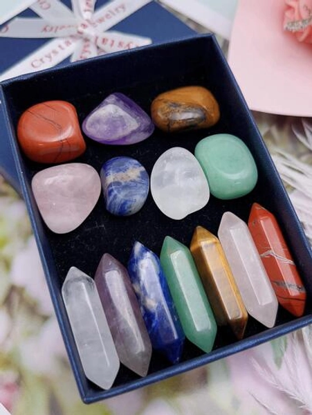 14pcs/Set Chakra Crystal Tumble Double Point Healing Energy Yoga Natural Stone Gift Box Birthday Gifts Graduation