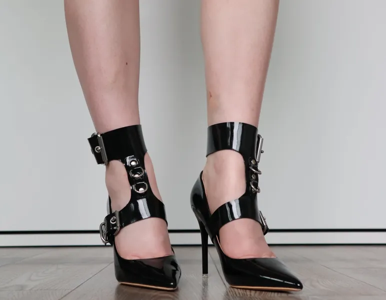 Latex high heels ankle strap, heels cover, restriction bondage.