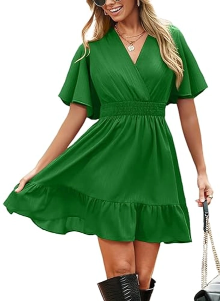 Dokotoo Women's Dress 2024 Summer Deep V Neck Elegant Ruffle Mini Dress Waist Dresses S-2XL