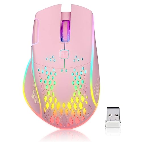 VEGCOO Wireless Gaming Mouse, C30 Silent Click Wireless Rechargeable Gaming Mouse with Double-Click Key and Colorful LED Lights, 3 Level Adjustable DPI for Gaming and Working (Pink) - Pink