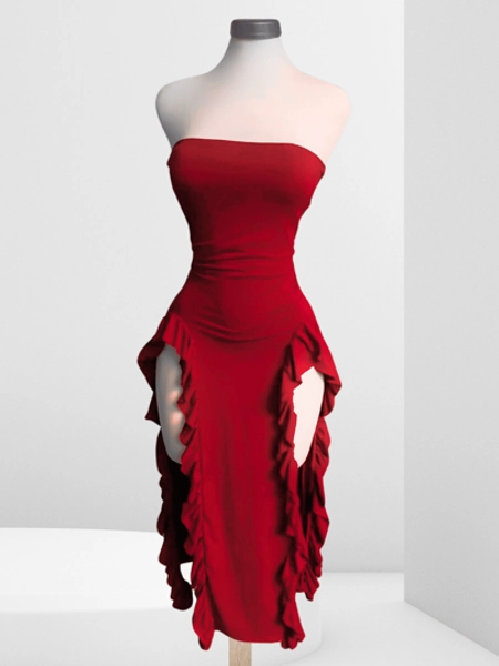 Vestido Longo Tubinho Bainha Assimétrica Saia Franzida Tomara que Caia