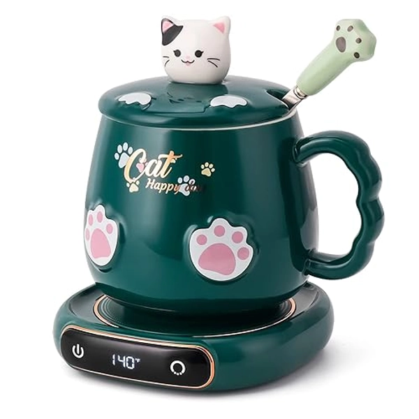 Bgbg Coffee Mug Warmer & Cute Cat Mug Set, Beverage Cup Warmer for Desk Home Office with Three Temperature Up to 140℉/ 60℃, Coffee Warmer for Cocoa Milk Tea Water Candle, 8 Hours Auto Shut Off