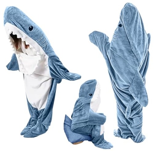 TBGENIUS Shark Blanket Hoodie Onesie for Adults and Kids, Cozy Flannel Shark Costume Shark Sleeping Bag - For Height 63"-66"