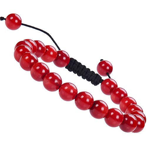 MASSIVE BEADS Natural Healing Power Gemstone Crystal Beads Unisex Adjustable Macrame Bracelets - Coral Red - 8mm