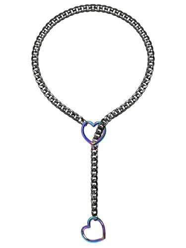EverGlimp Womens Heart O-Ring Slip Chain Necklace, Punk Rock Stainless Steel Cuban Long Necklace Jewelry For Women, Adjustable Lariat Y-Necklace - 31.5'' - Heart-Chain - Black