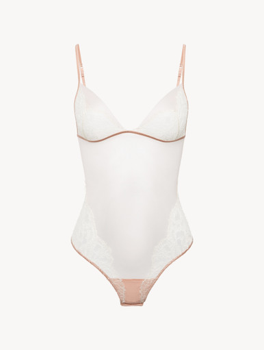 Bodysuit in Linen and Nude Rose with Leavers lace