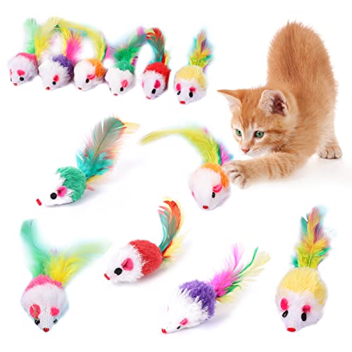 Furry Cat Toy Mice, Set of 12 Rattle Mice with Feather, Color Varies Interactive Cat Mouse Toys, Mini Mice for Kitty Tracking Game
