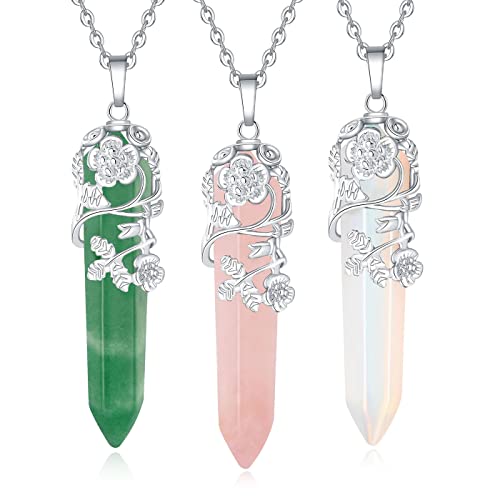 XIANNVXI Flower Wrapped Natural Crystal Point Pendant Necklace Reiki Healing Crystals Stone Necklaces Gemstone Quartz Jewelry for Women - Pink Green White