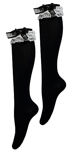 CAT KO Women Soft Knee High Socks Lovely&Cute Solid color Lace Ruffle Bow Girls socks for Lolita, Black, One Size