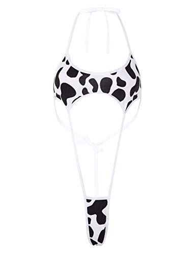 Hularka Woman's Sling Shot Mini Micro One-Piece Bikini Swimsuit Bathing Suit Thong Bodysuit Lingerie - White Cow