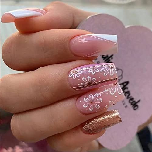 Press on Nails Long,Xcreando Glossy Pink Fake Nails With Daisy Pattern Full Cover Coffin Nails DIY Manicure for Women Girls 24 PCS False Nails - golden
