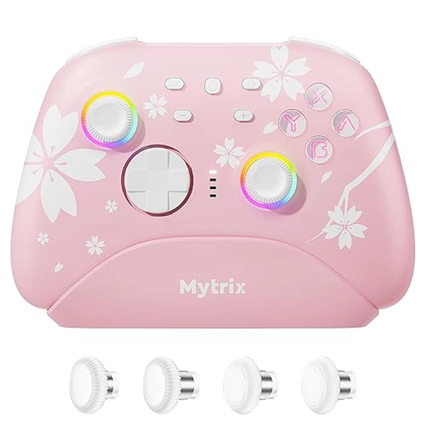 Mytrix Wireless Pro Controller with Charging Dock, Controllers for Nintendo Switch/PC/Steam/iPad/Mac/Tablet/Laptop, with RGB Light/Macro Keys/Turbo Button/4 Joystick Replacements, Sakura Pink