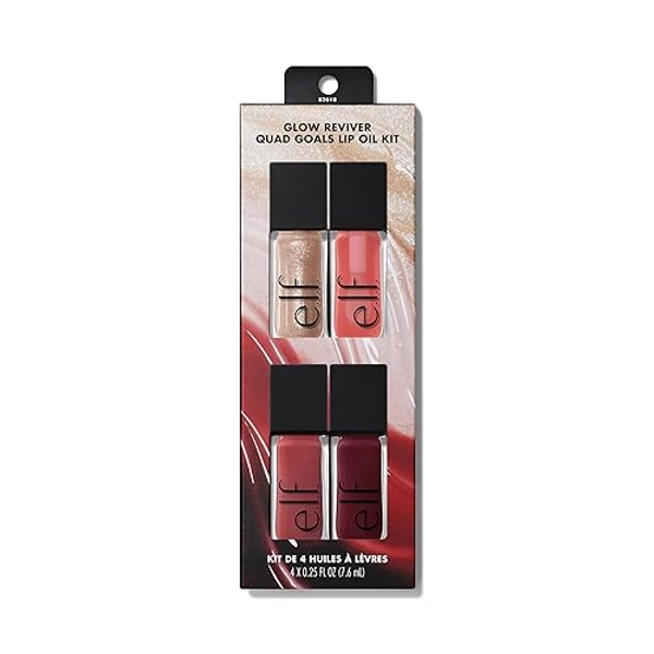 e.l.f. Glow Reviver Quad Goals Lip Oil Kit, 4 Shades: Pink Quartz, Rose Envy, Jam Session, Crystal Baller, Hydrating Formula, Sheer Colour, Vegan & Cruelty-Free - 4 Glosses