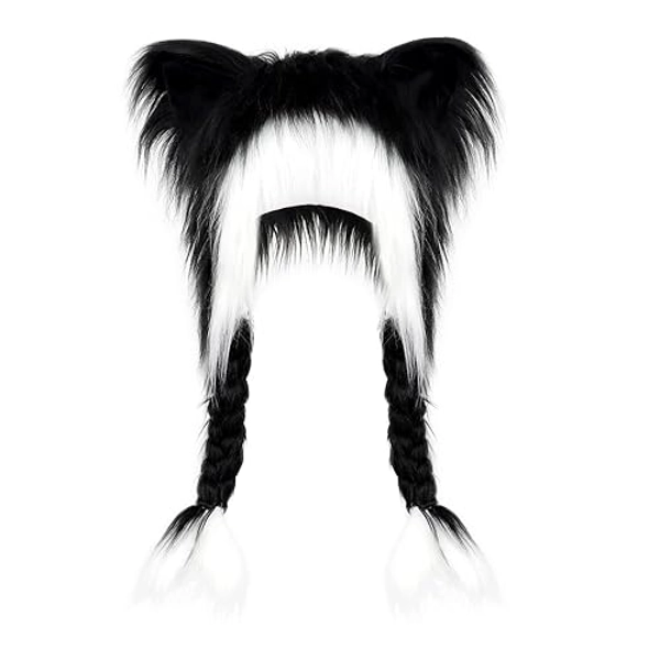 JUNBOON Cute Plush Cat Hat Fluffy Ear Headwear Winter Warm Earmuffs Head Mask Halloween Cosplay Accessory