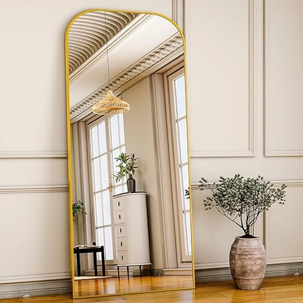 HARRITPURE 71"x26" Full Length Mirror Full Body Mirror Top Rounded Corner Aluminum Frame Hanging or Leaning Wall Floor Mirror with Stand for Living Room Bedroom Cloakroom,Gold