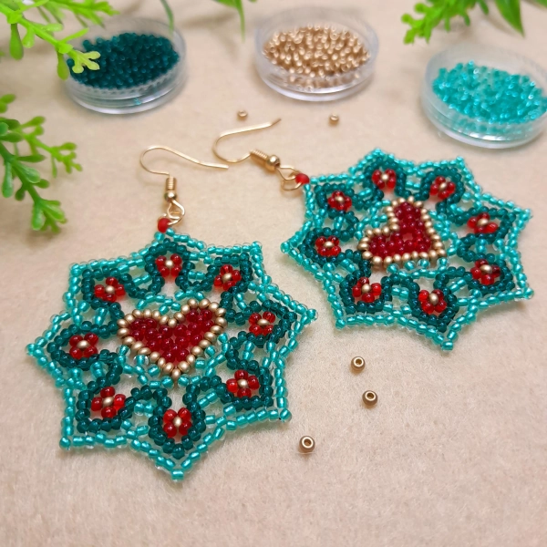 Handmade Beaded Heart Earrings, Mexican Huichol Style Jewelry, Floral Valentine's Day Gift, Mother's Day Present, Flower Boho Accessories