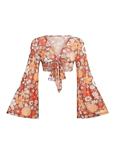 Verdusa Women's Boho 70s Tops Tie Front Bell Long Sleeve Floral Print Mesh Sheer Blouse Crop Tops