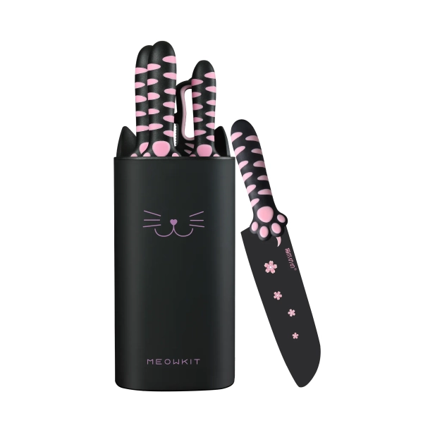 Meowkit 5 PCS Kitchen Knife Set – Pink &amp; Black Cooking Blades with Storage Block, Cute &amp; Modern Kitchen Essential