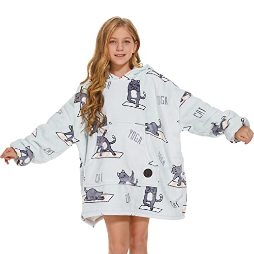 THREE POODLE Blanket Hoodie for Kids, Oversized Sherpa Blanket Hoodie Sweatshirt for Kids, Extremely Cozy, Warm, Soft, and Fuzzy Hoodie Blanket, One Size Fits All - Yoga Cat - Kids