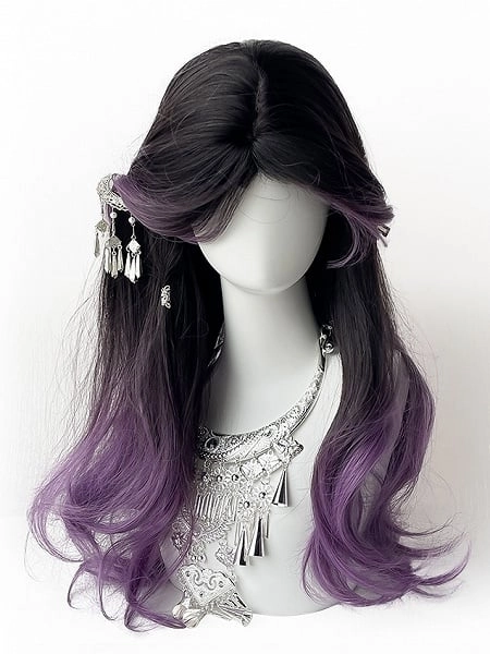 [$34.00]Black-purple Ombre Long Wavy Synthetic Wig With Curtain Bangs