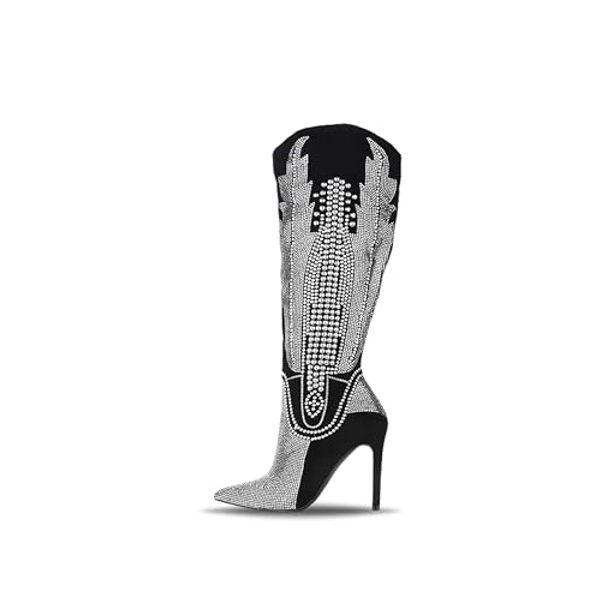 Knee High Cowboy Boots Women Western Wide Calf Rhinestone Cowgirl Boots for Women with Stiletto Heels Fashion Dress Boots for Women (black)