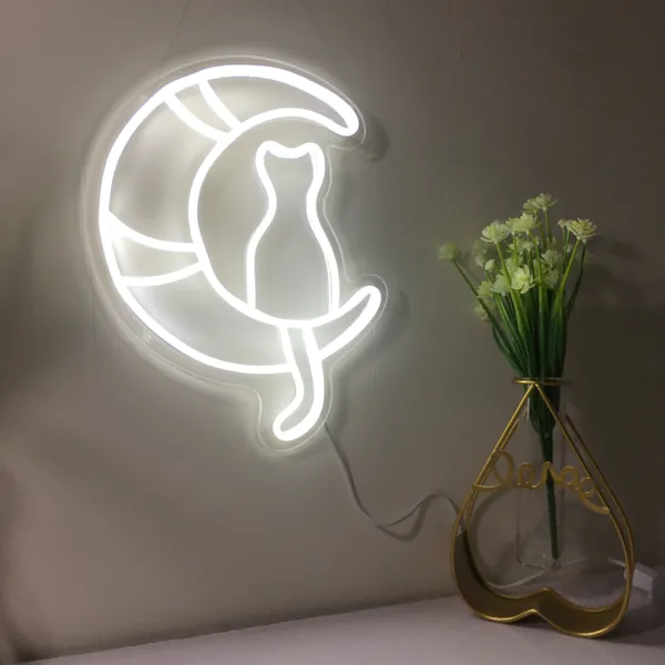 Kitten Dallas Neon Light  Sign for Wall Room Decoration Personalized Gift Kids Cat on the moon  Wall Decor Aesthetic Room Decor