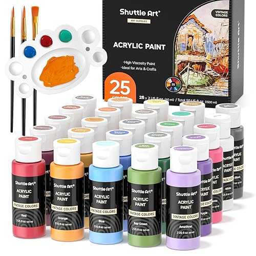 Shuttle Art Acrylic Paint Set, 25 Vintage Colours Acrylic Paints, 2oz/60ml Bottles, Rich Pigmented, Premium Acrylic Paints for Artists, Beginners and Kids on Rocks Crafts Canvas Wood Ceramic - 25 Vintage Colours