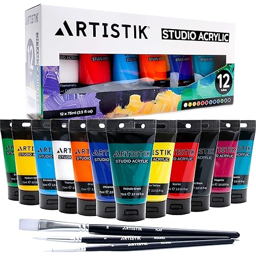 ARTISTIK Studio Acrylic Paints - 12 x 75ml Acrylic Paint Tube Set with 3 Brushes - Premium Student Quality Highly-Pigmented Colours Non-Toxic for Canvas, Paper, Wood and More - 12 x 75ml Acrylic Paint with Brushes