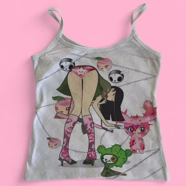 Pink &amp; white cotton tank top with a cute tokidoki...