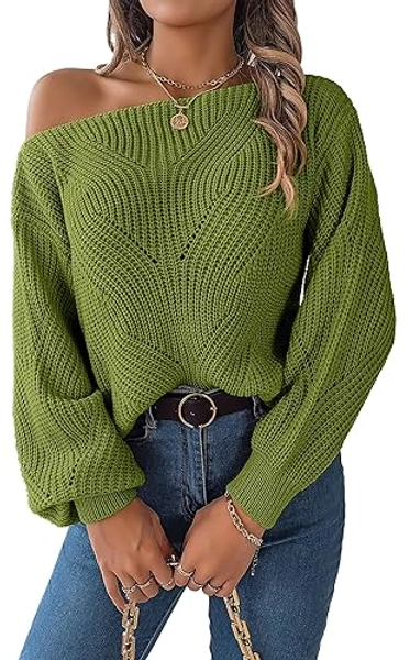FEOYA Women Off The Shoulder Sweater Boat Neck Pullover Sweaters Casual Knit Sweater Top Trendy Lantern Sleeve Sweater