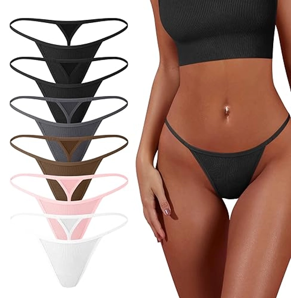 OQQ 6 Pack G-String Thongs for Women Cotton Panties Stretch T-back Tangas Low Rise Hipster Sexy Underwear S-XL