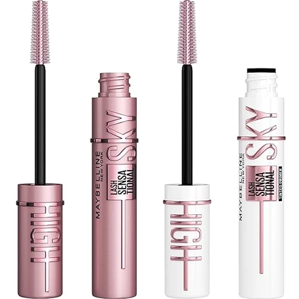 Maybelline Lash Sensational Sky High Washable Mascara + Boosting Lash Primer Makeup Bundle, Includes 1 Mascara in Blackest Black and 1 Eyelash Primer in Soft Black