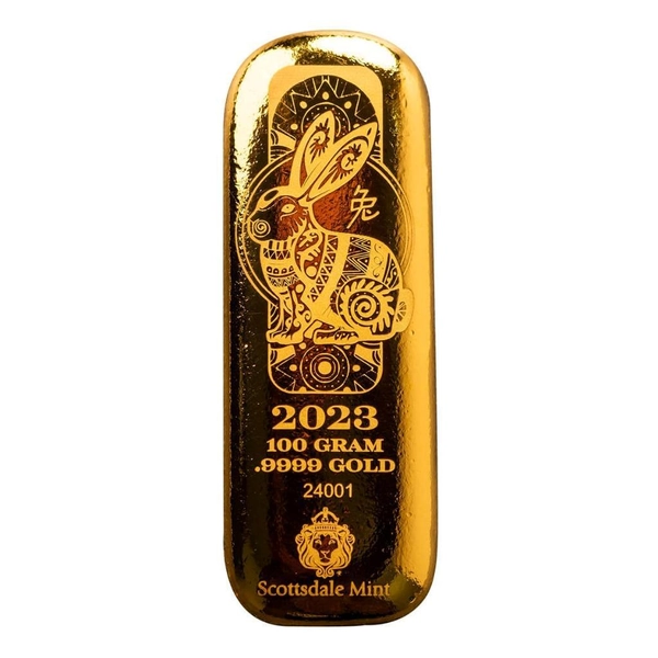 100 gram Gold Bar - 2023 Year of the Rabbit 3.2150 oz Gold Bullion Bar #A621