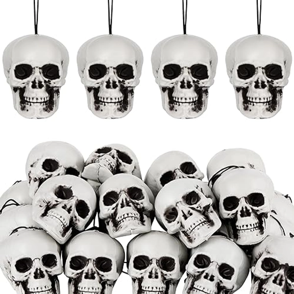 Lenwen 24 Pcs Horror Christmas Skull Hanging Tree Ornament Decor Plastic Mini Halloween Skulls Head Small Skeleton Head Decoration Hanging Ornament for Xmas Holiday Party Supplies