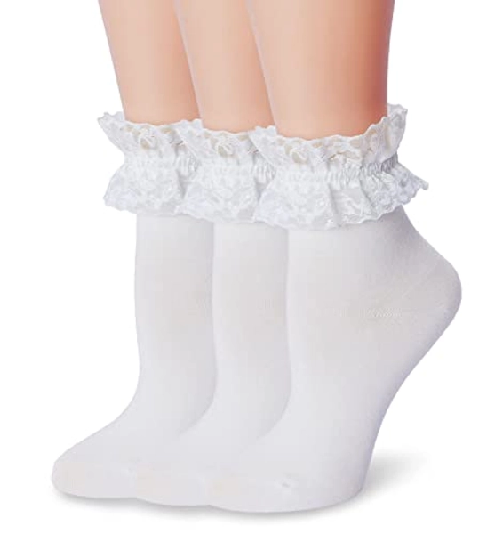 ViViKi Women Ruffle Lace Ankle Socks, Cute Frilly Cotton Socks Girl Lolita Socks, 3 Paris