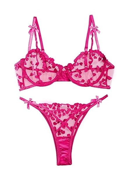 Lilosy Sexy Underwire Cute Push Up Strappy Embroidered Mesh Sheer Lingerie Set See Through Panty Bra