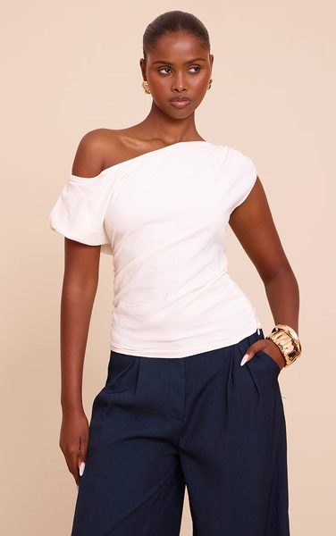 Cream Floaty Woven Ruched One Shoulder Top
