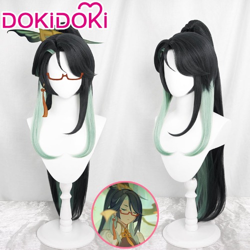 【Ready For Ship】DokiDoki Game Genshin Impact Cloud Retainer Cosplay Wig Women Long Black & Green Straight | Cloud Retainer