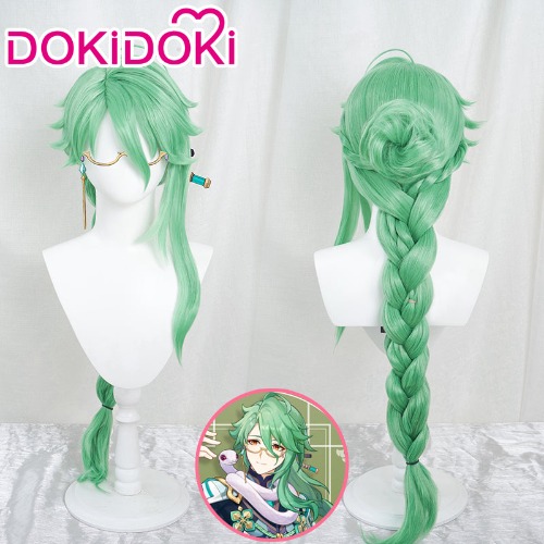 【Ready For Ship】DokiDoki Game Genshin Impact Bai Zhu Cosplay Long Green Curly Wig Baizhu | Bai Zhu