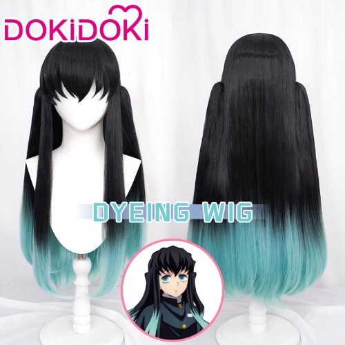 Dokidoki Anime Demon Slayer Kimetsu no Yaiba Cosplay Tokitou Muichirou Wig Long Straight Black Green Pony Tail | With Twin Tail-PRESALE