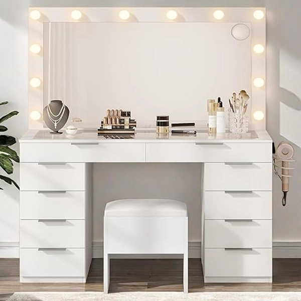 DWVO 10-Drawer Cosmetic Vanity Desk w/Glass Tabletop, Makeup Vanity w/Expansive Mirror & Power Hub, Contemporary Dressing Table Ensemble with Storage Seating & 3-Tone Dimmable Lighting, Snow White