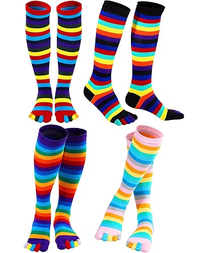 4 Pairs Christmas Rainbow Toe Socks Colorful over Knee 5 Toe Socks Thigh High Rainbow Striped Leg Warmers Funny Pride Long Toe Socks for Women Girls Gift