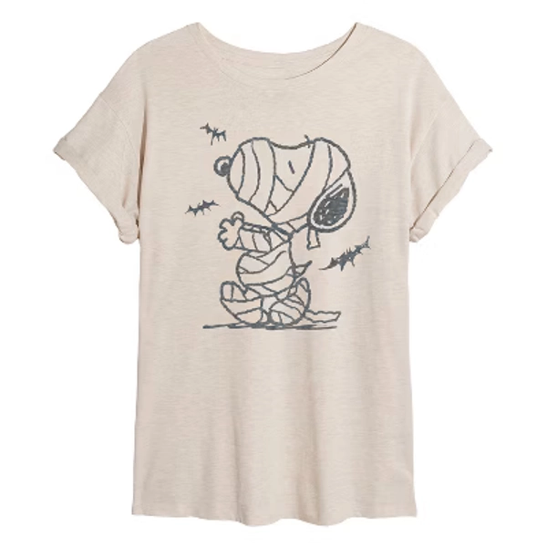 Women's Peanuts Snoopy Mummy And Bats Oversized Graphic T-Shirt - Birch - Medium
