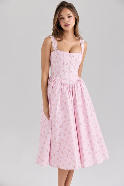 Amara Pink Rose Print Stretch Cotton Corset Midi Dress