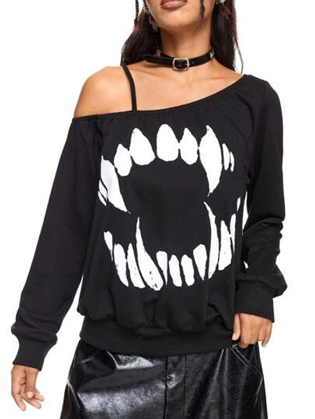 Goth Women Dark Gothic Style Oblique Shoulder Vampire Fang Print Loose Fit Long Sleeve Cotton Sweatshirt